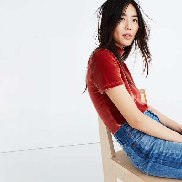 Madewell Velvet Mockneck Tee in Burnished Rust - sz Small - Picture 2 of 4